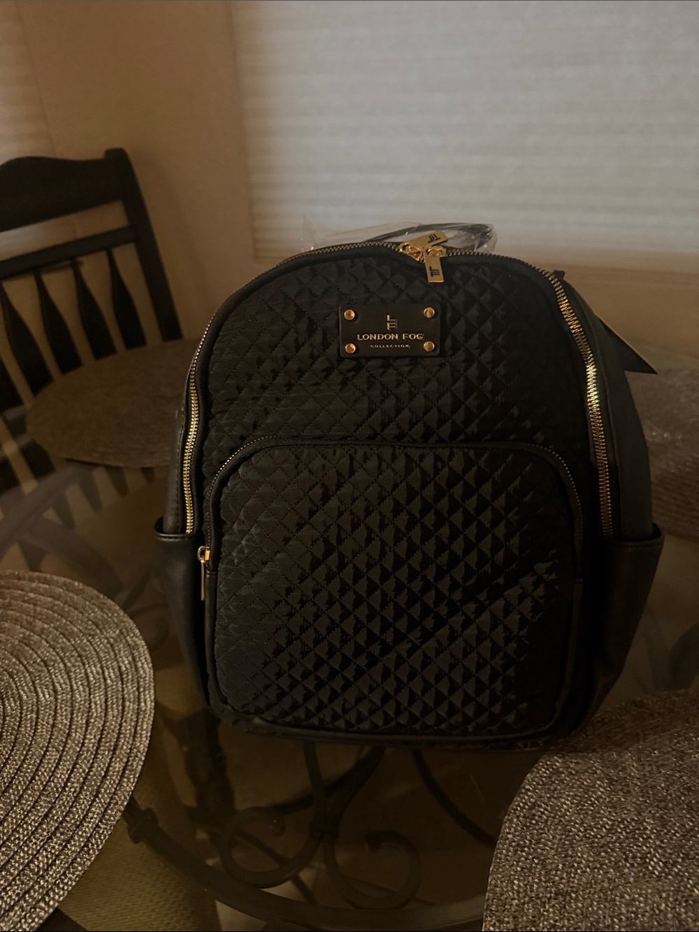 London Fog Black Quilted Backpack with Gold Hardware